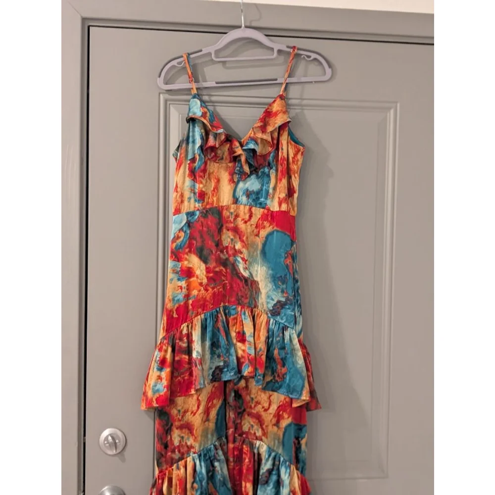 Women's NOVALUXE Small Red Blue Abstract Tiered Ruffle Maxi Dress - Picture 2 of 14